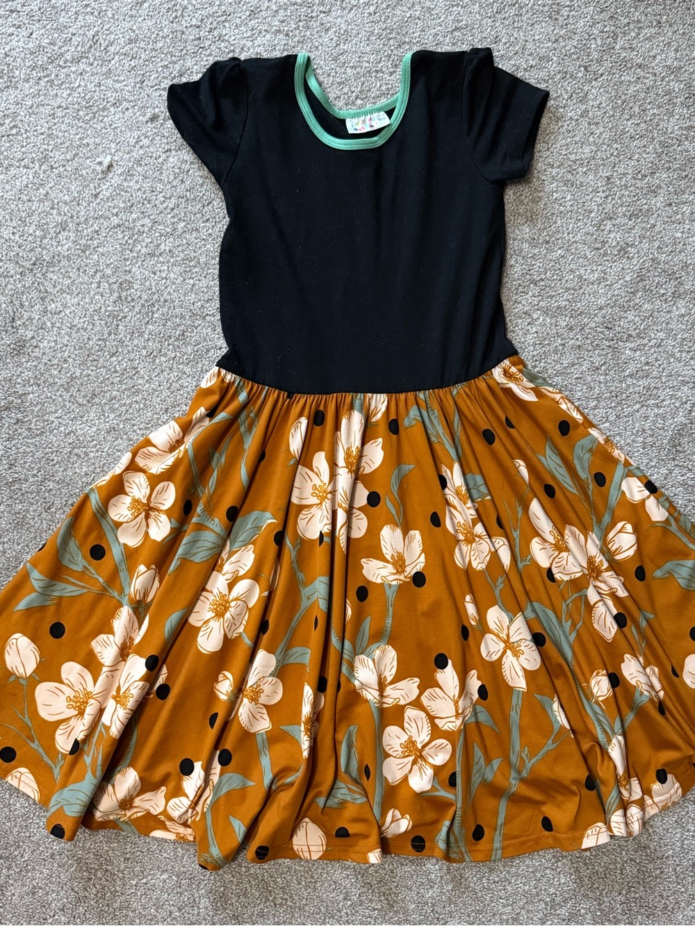 DotDotSmile Soft Colorblock Dress, Black Top with Orange Floral Skirt, Size 8/10